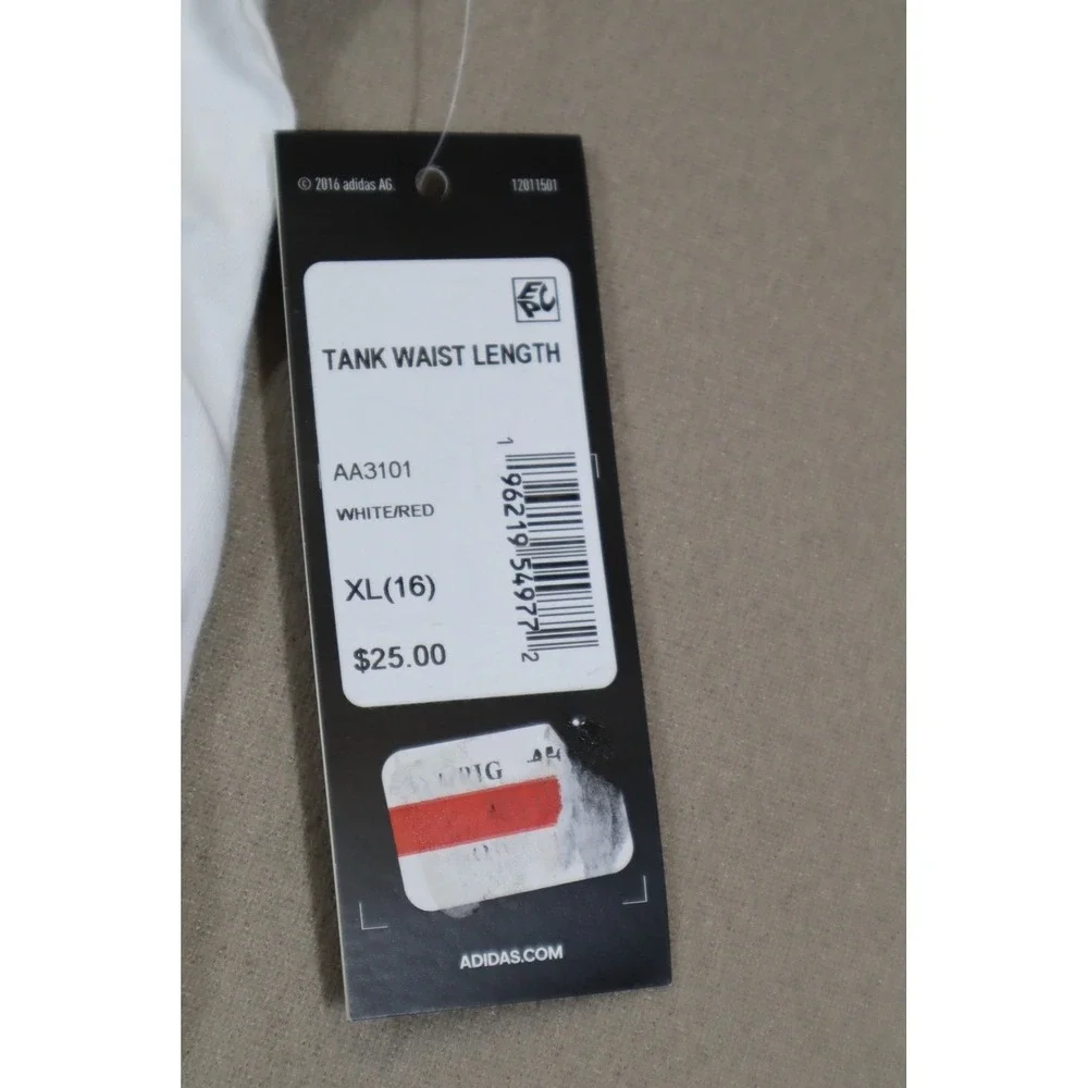 Adidas Big‎ Girls Waist Length Sleeveless Tank Top - White with Red - Size XL 16